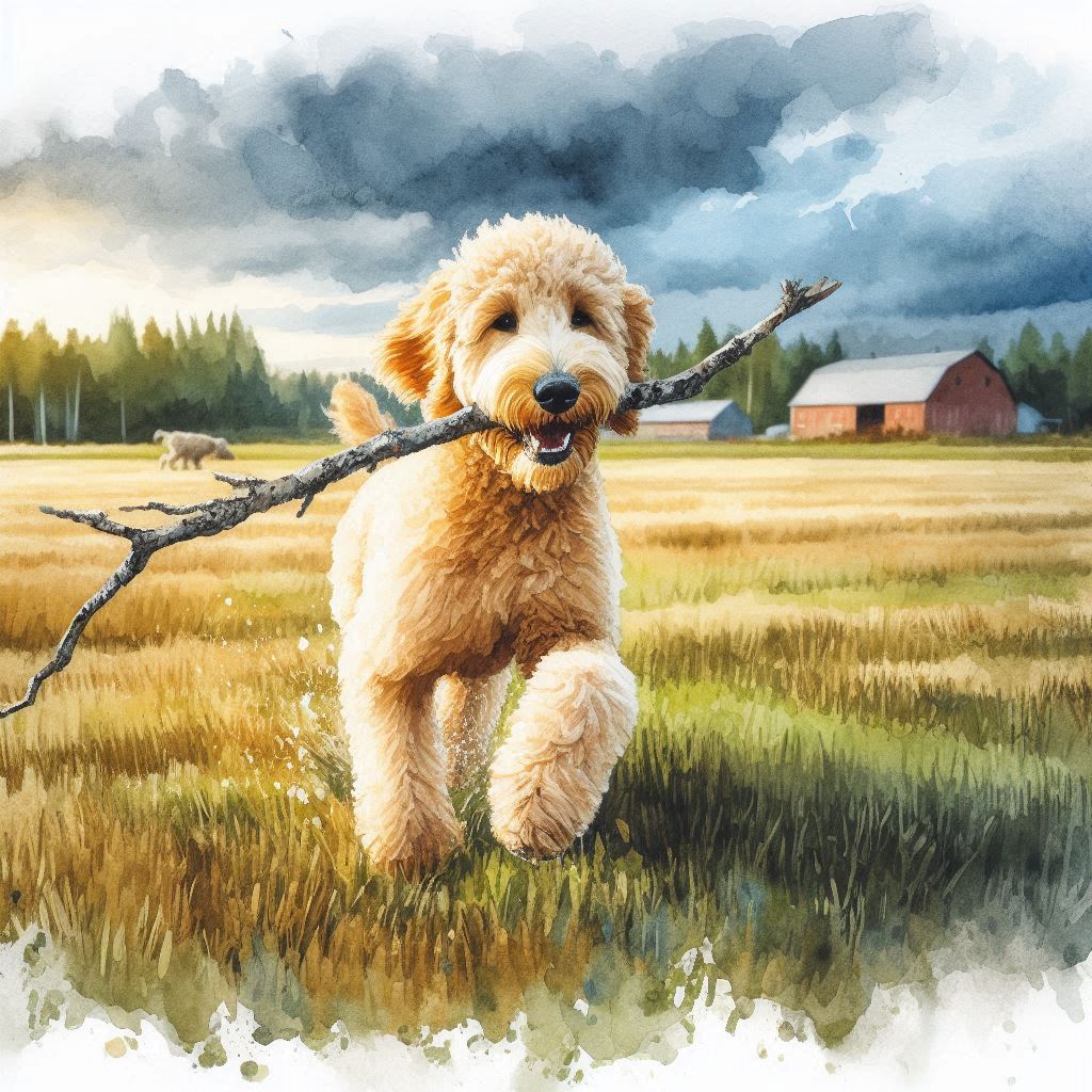 Goldendoodle retrieving a stick (AI generated)